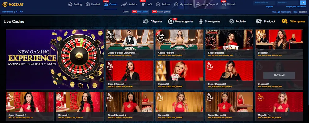 MozzartBet Poker Games and Live Casino Games Screenshot